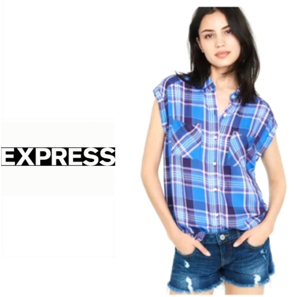 Express blue plaid shirt sleeve top